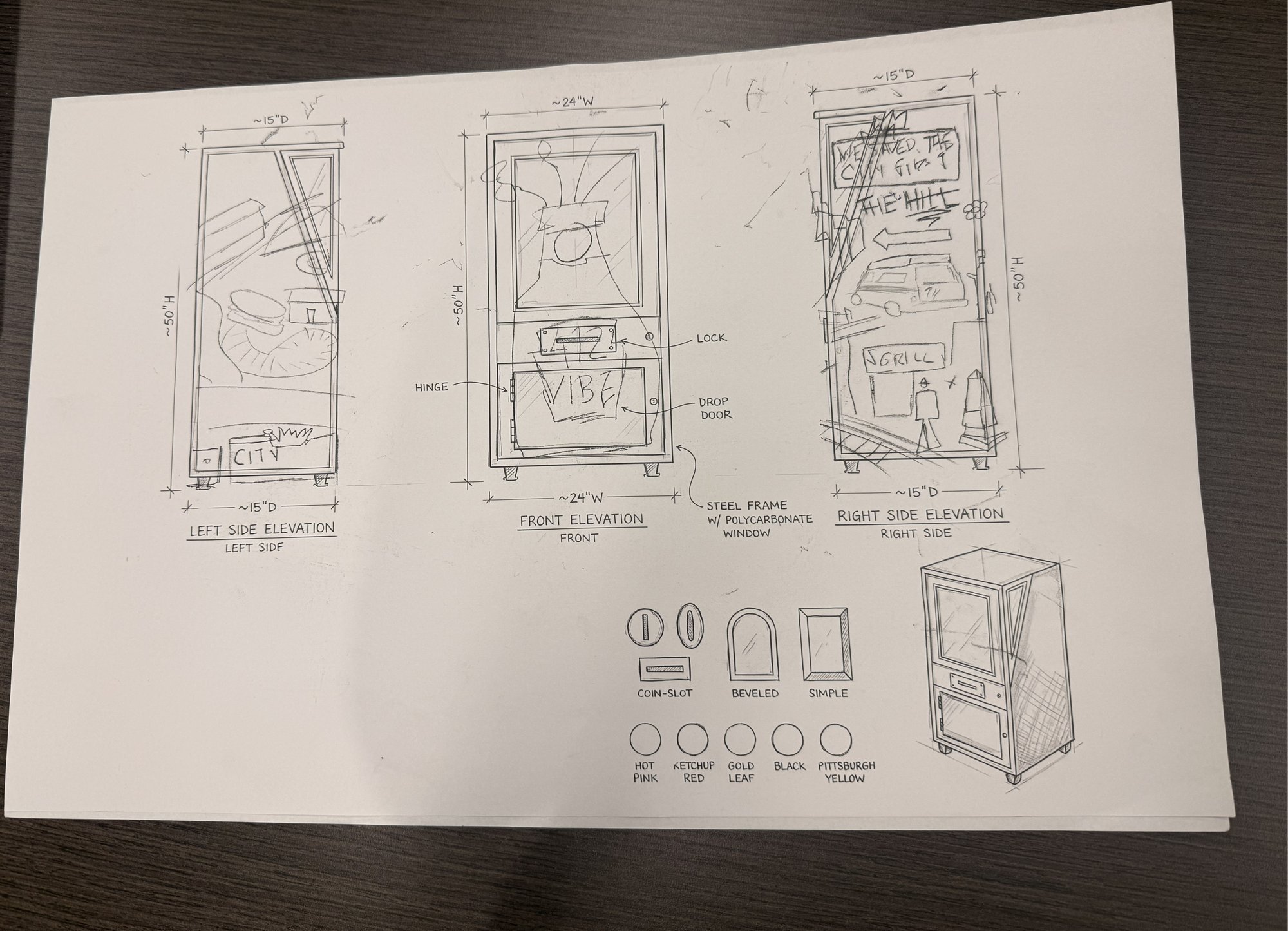 Hand-drawn working elevations of the news box: front, left side and right side views with measurements (approximately 24 inches wide, 15 inches deep, 50 inches tall), hardware notes for the hinge, lock and drop door, window style options, and the color swatches: hot pink, ketchup red, gold leaf, black, and Pittsburgh yellow.
