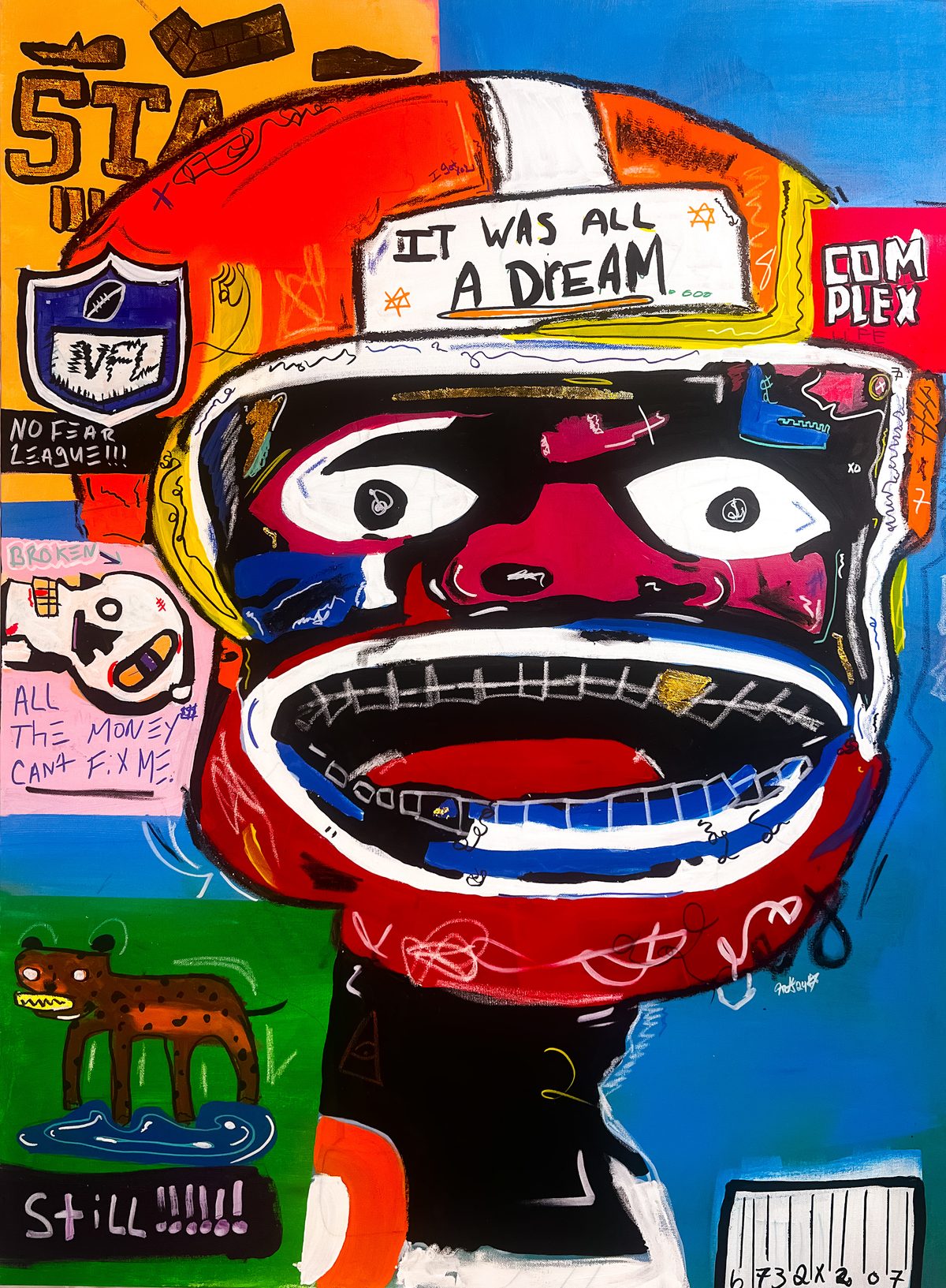 Mixed-media portrait with bold hand-lettered text reading 'It Was All A Dream,' gold leaf teeth, and collaged paper elements.