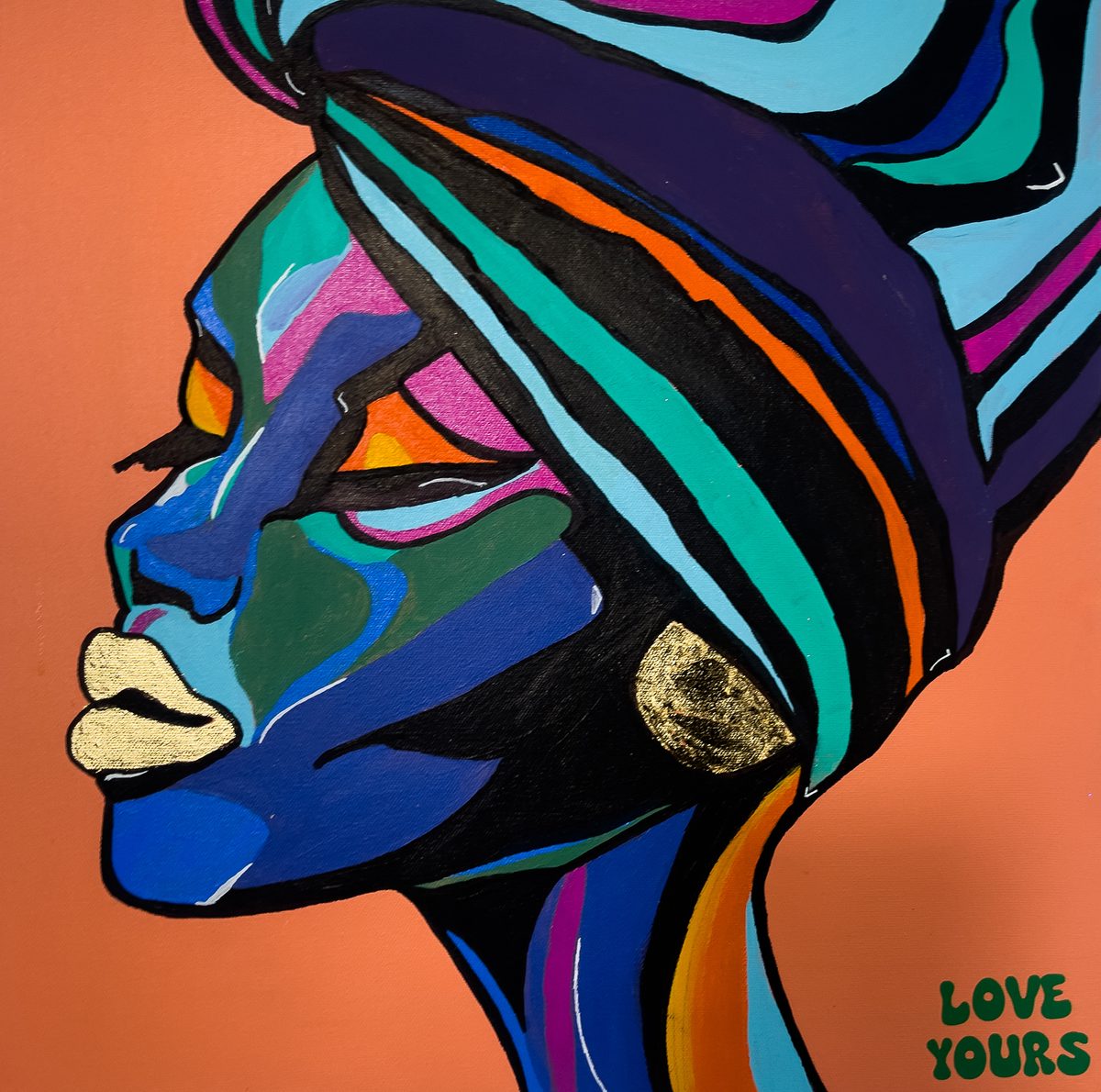 Close-up of a painted profile with a gold leaf earring detail and the words 'Love Yours' lettered in the corner.