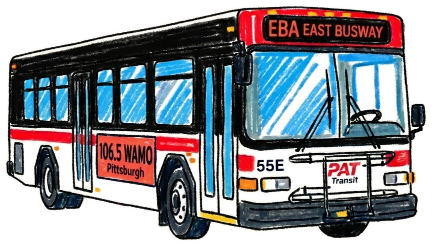 Hand-painted illustration of a Pittsburgh PAT Transit bus on the East Busway.