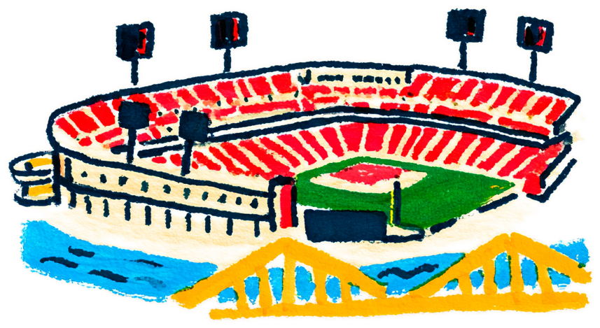 Hand-painted illustration of PNC Park and a Pittsburgh bridge, in Malcolm Xavier Davis's style.